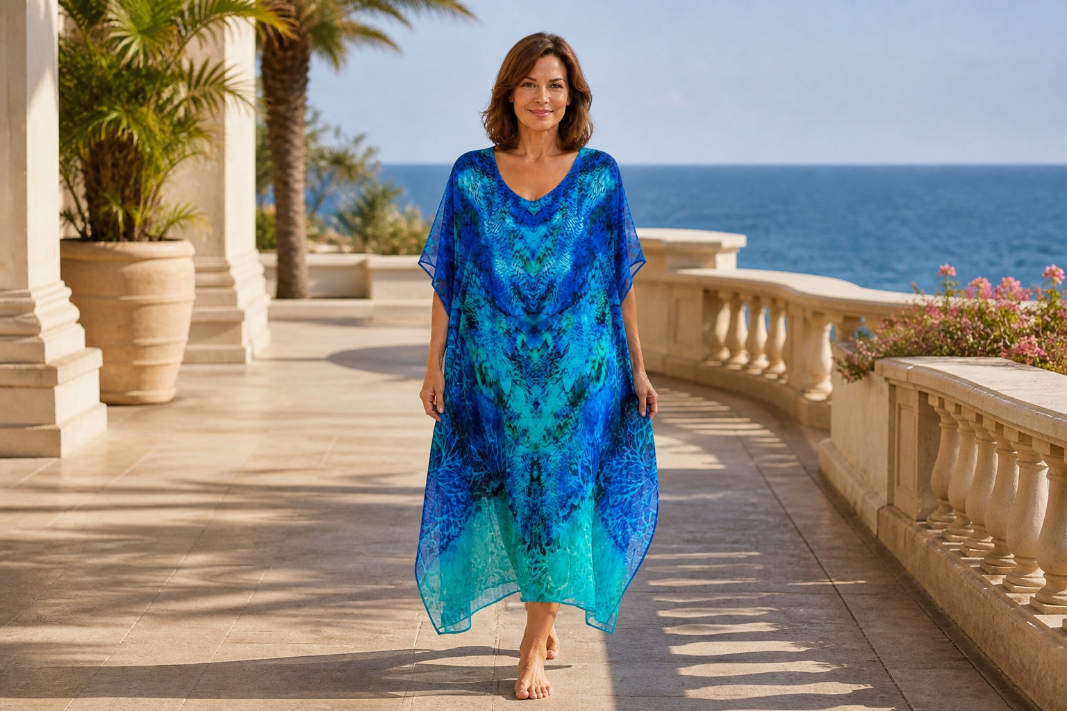 Woman wearing the Aquatica midi kaftan on a sunny resort terrace