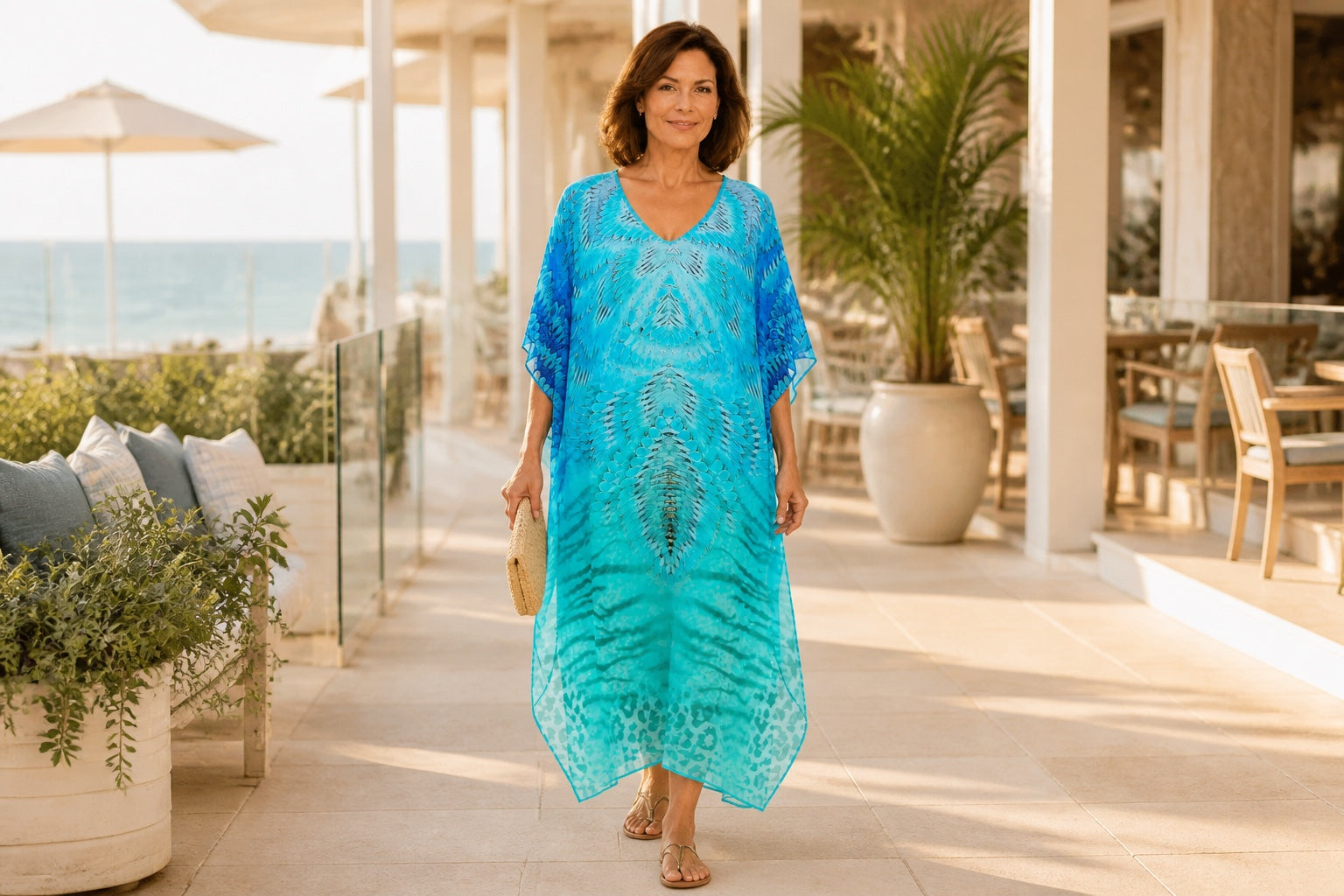 Woman wearing the Spray kaftan at an elegant beach club