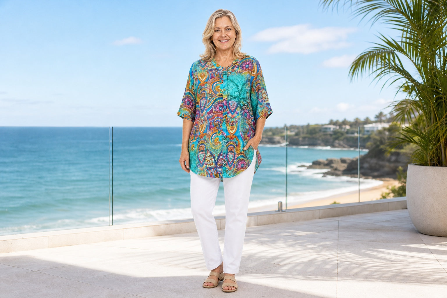 Mature woman wearing the Mosaic A-line tunic with white pants by the coast