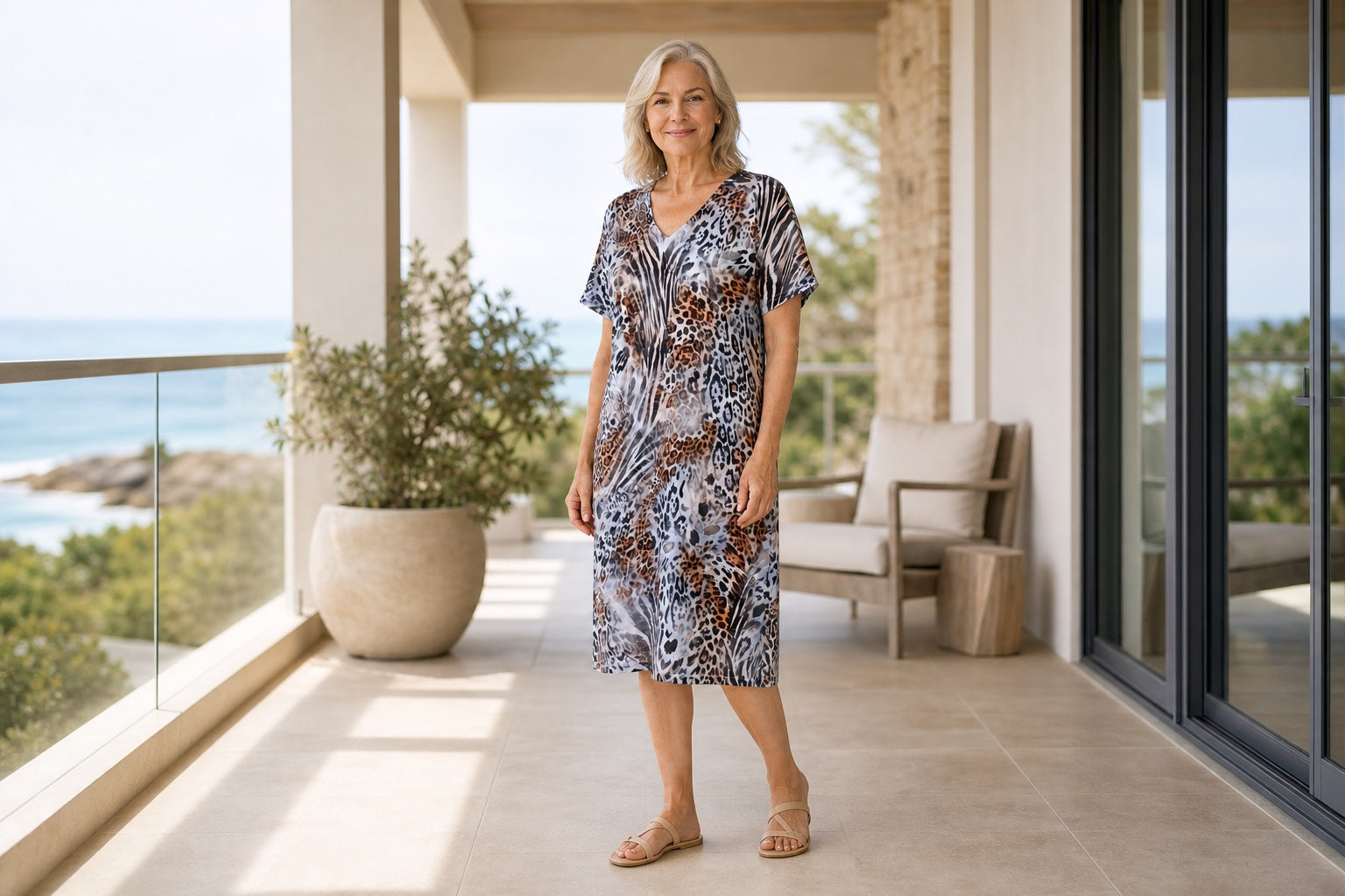 Silver-haired woman wearing the Jungle shift dress on a coastal veranda