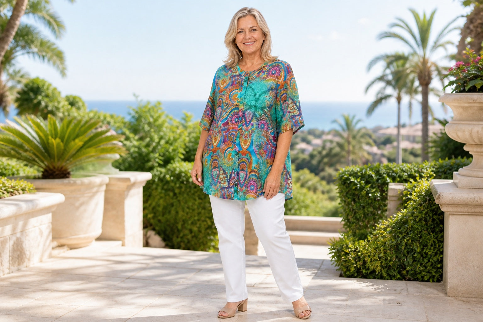 Mature woman wearing the Mosaic A-line tunic with white pants at a coastal resort