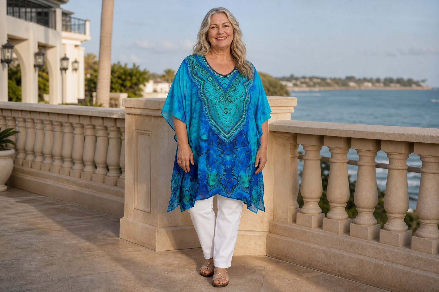 Silver-haired mature woman wearing the Reef plus-size kaftan top with white pants by the sea