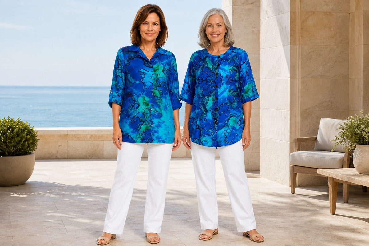 Two women comparing Reef Classic and A-line tunic shirt shapes with white pants