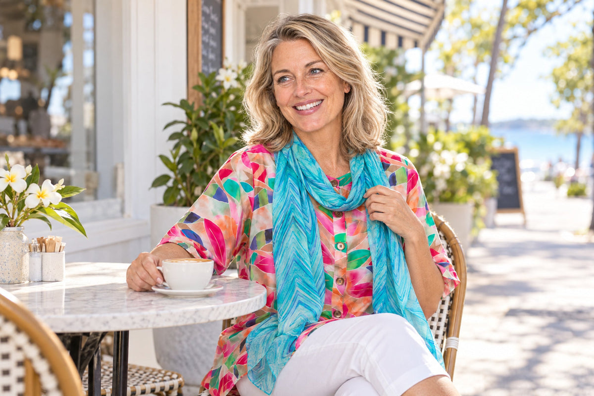 Woman at a seaside café wearing the Claire Powell La Peach tunic blouse with the Serenity silk scarf