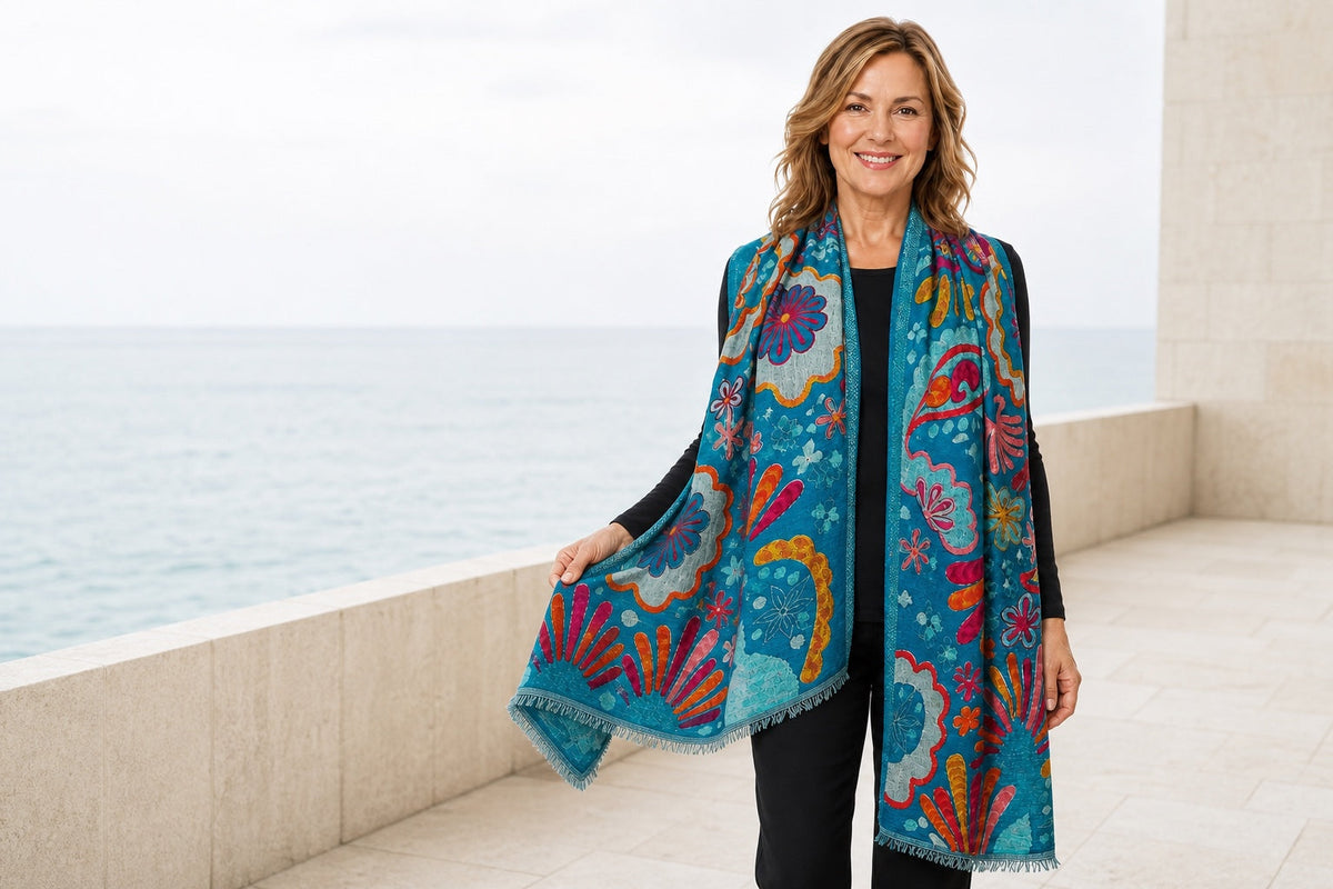 Woman showing the scale and embroidered detail of the Turquoise wool shawl