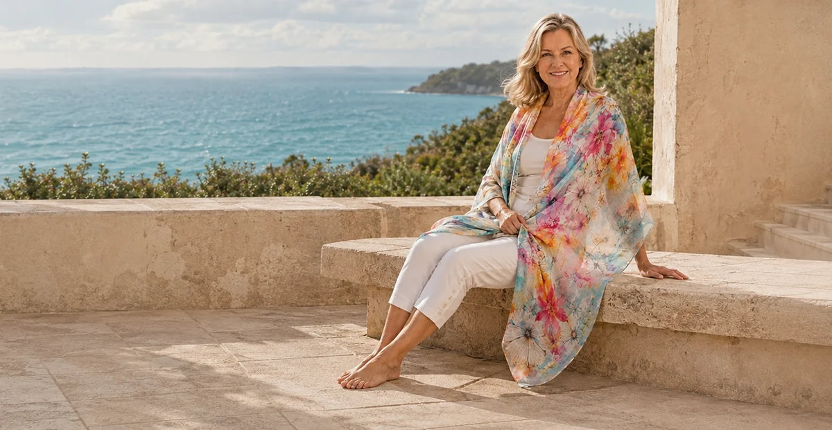 Model wearing the Claire Powell Zen silk-modal scarf and white capri pants, seated barefoot on a coastal terrace