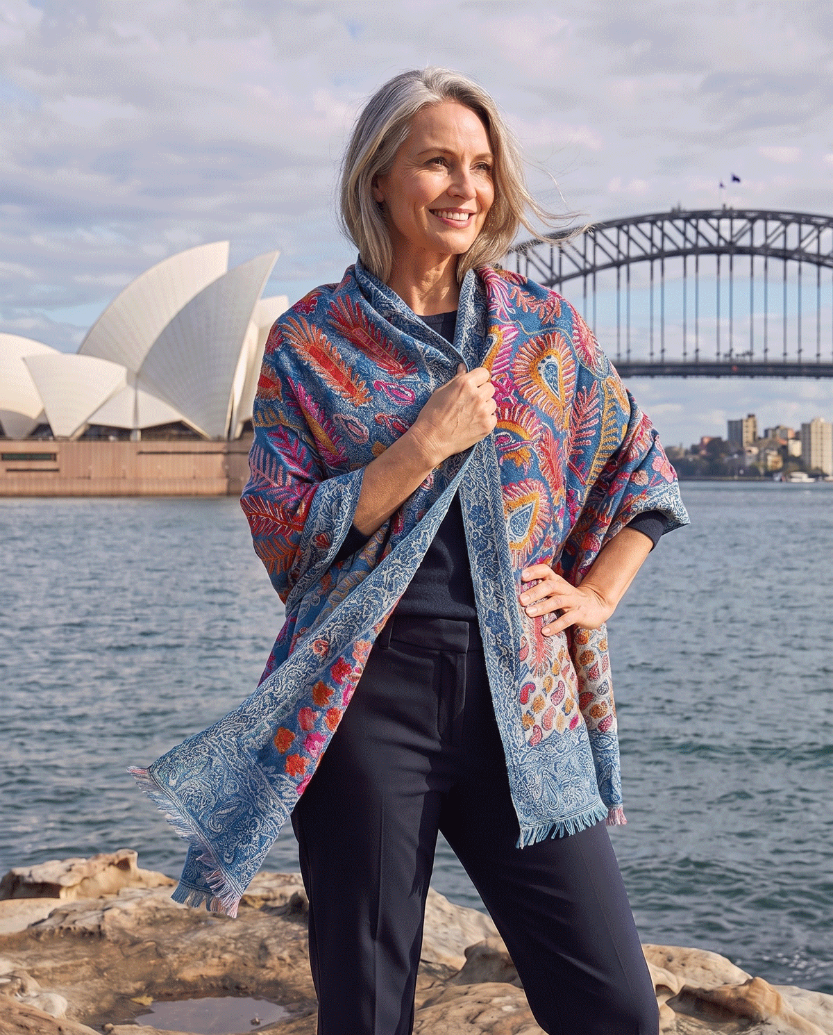Woman wearing a Claire Powell handwoven embroidered wool shawl and wrap