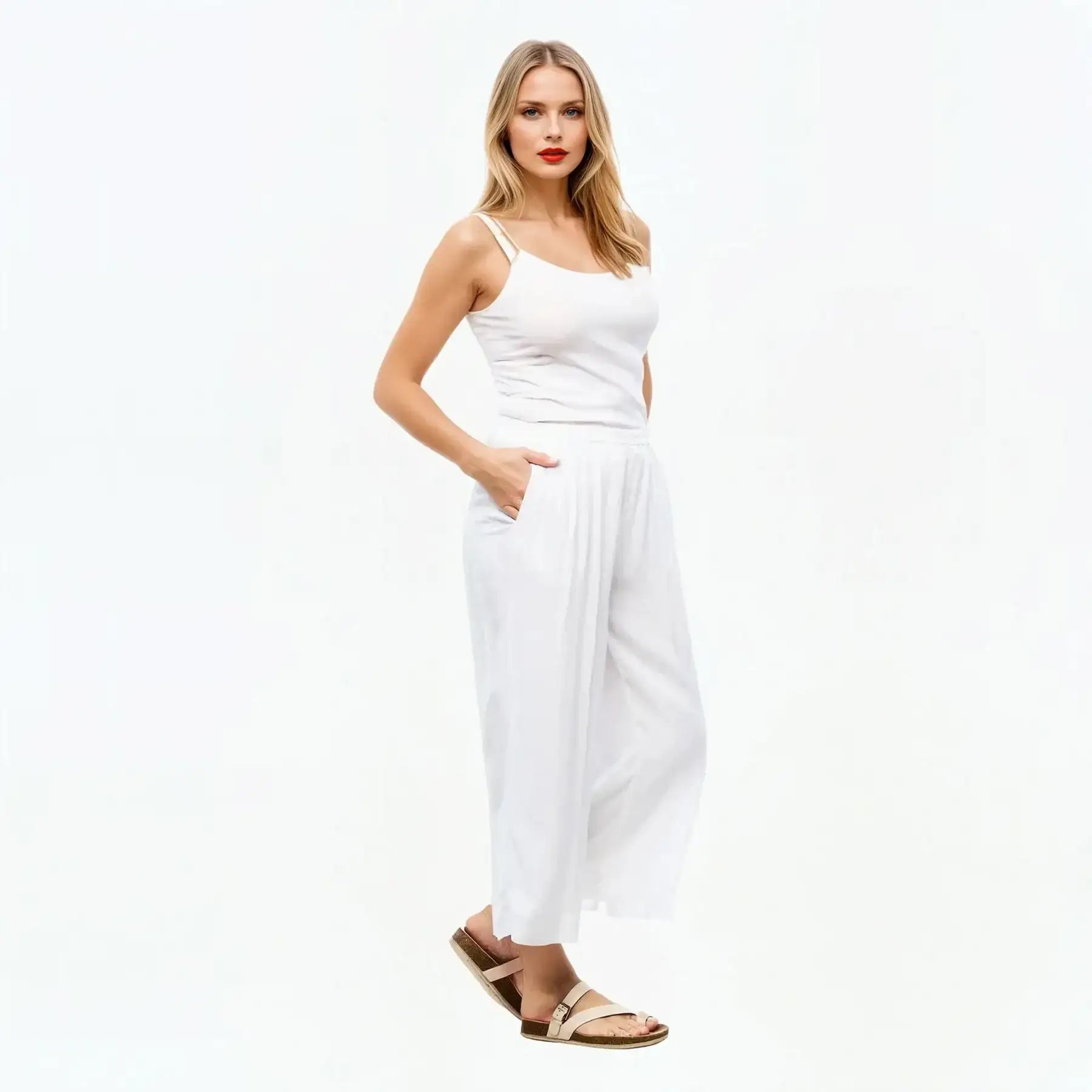 Full-Length Crinkle Pull-On Pants White