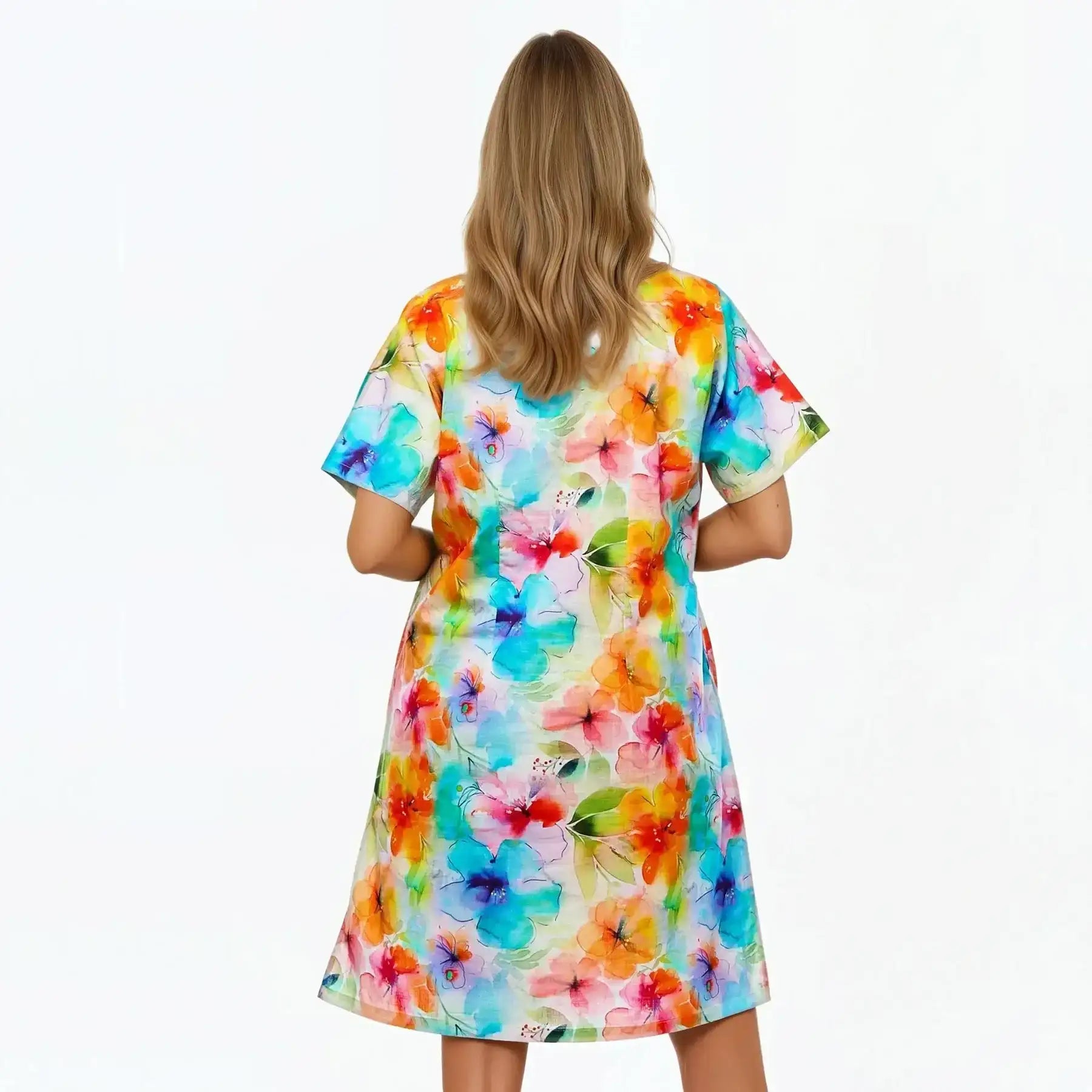 V-Neck Shift Dress | Midi Short Sleeve Summer Dress (Blushing)