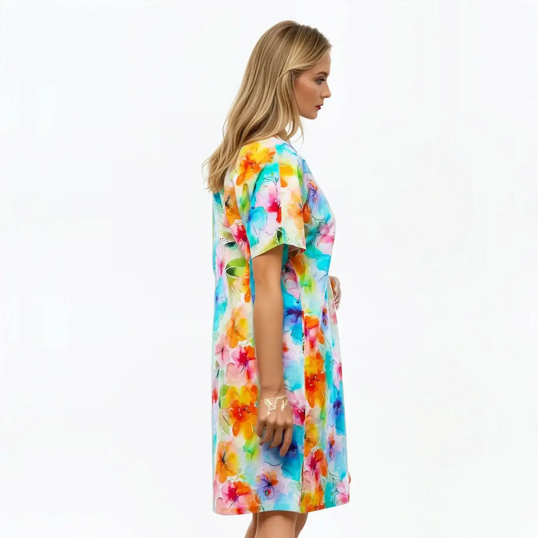 V-Neck Shift Dress | Midi Short Sleeve Summer Dress (Blushing)