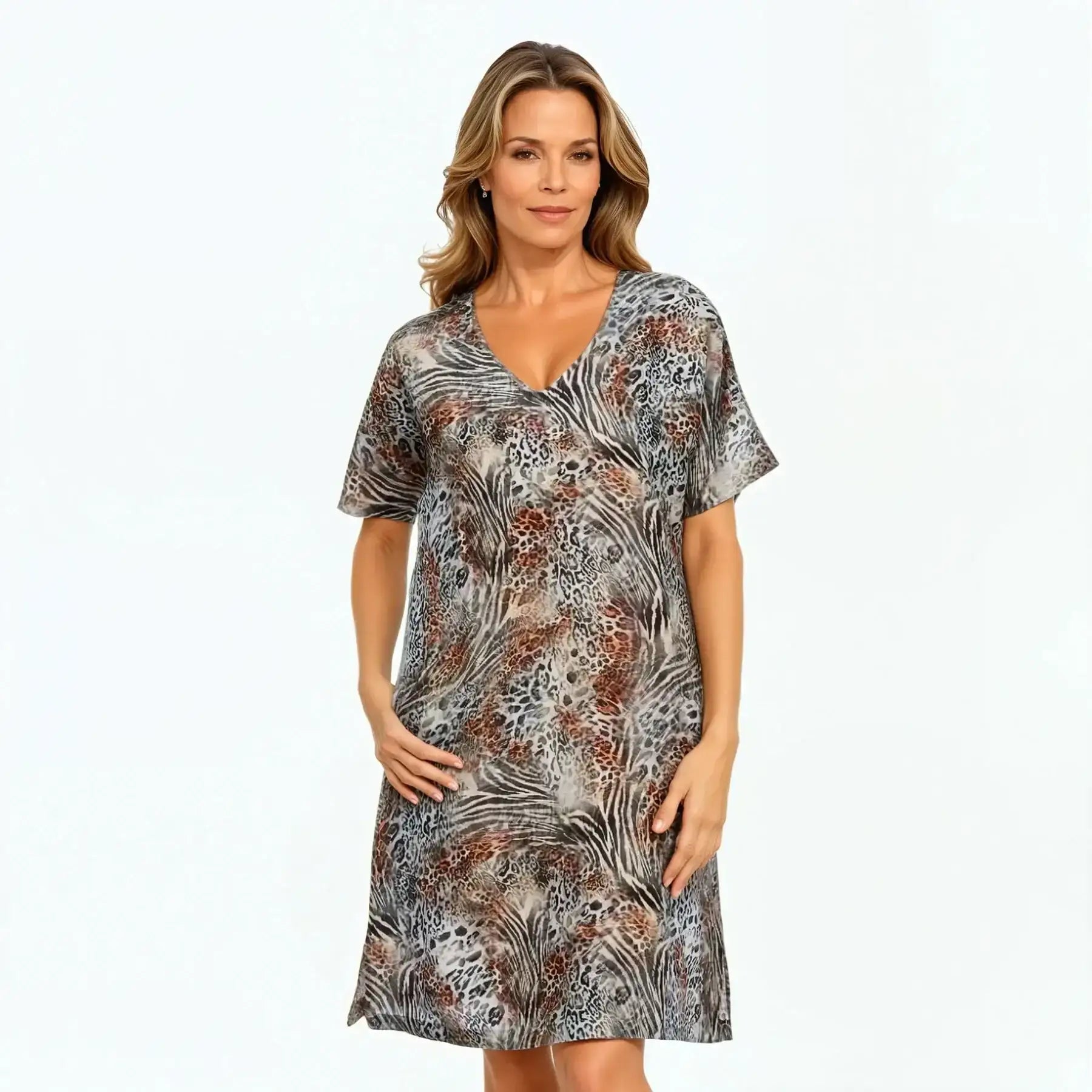 V-Neck Shift Dress | Midi Short Sleeve Summer Dress (Jungle)