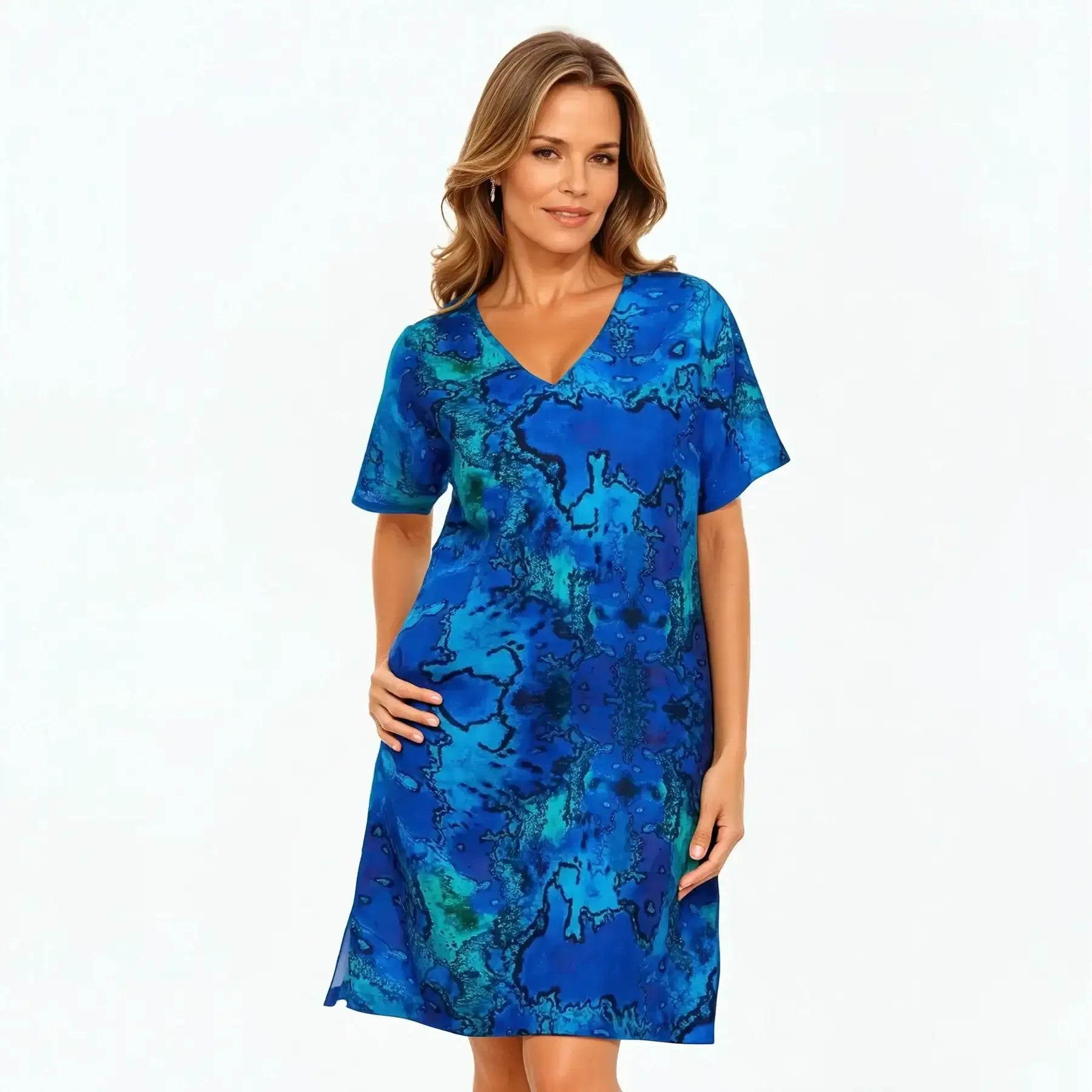 V-Neck Shift Dress | Midi Short Sleeve Summer Dress (Reef)