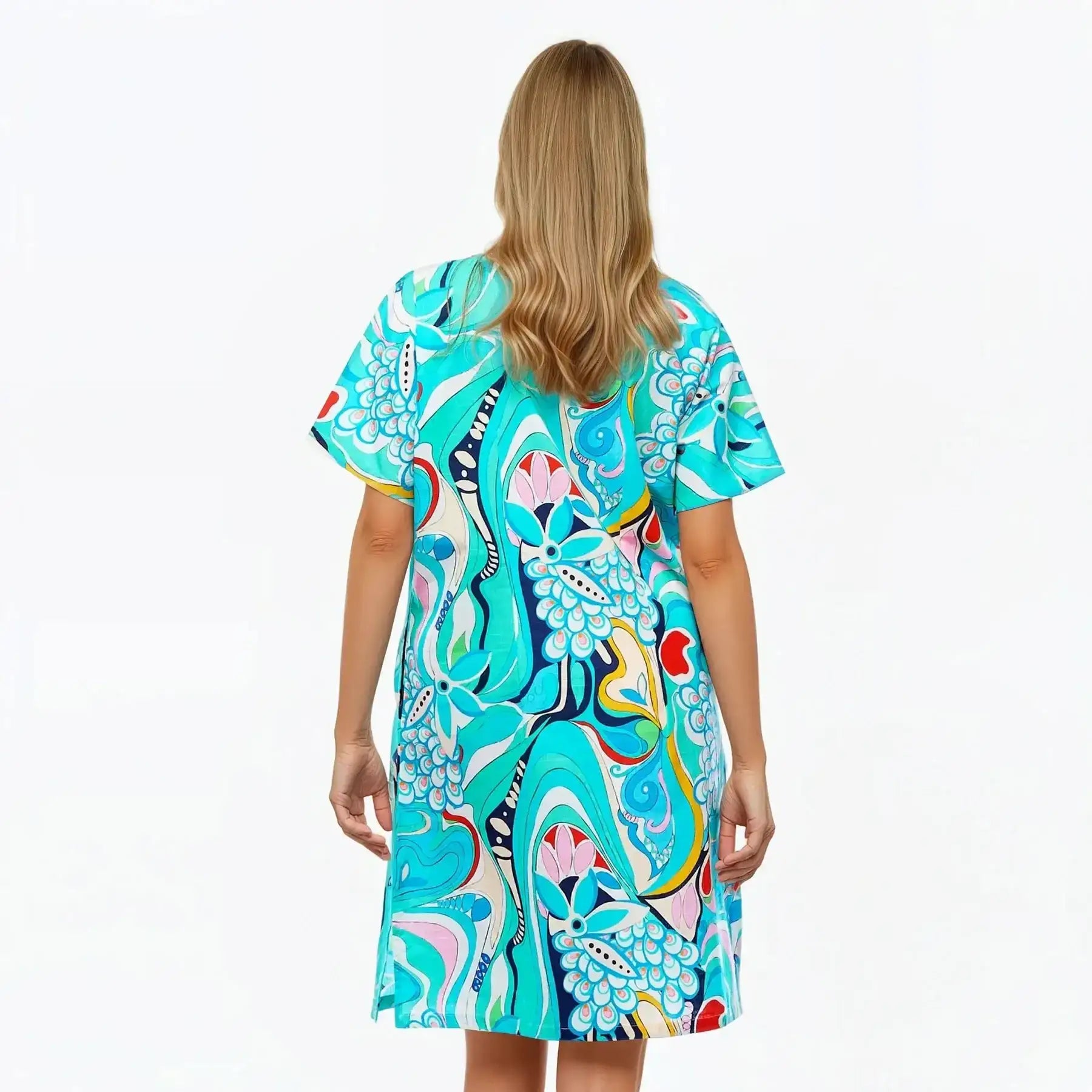 V-Neck Shift Dress | Midi Short Sleeve Summer Dress (Sakura)