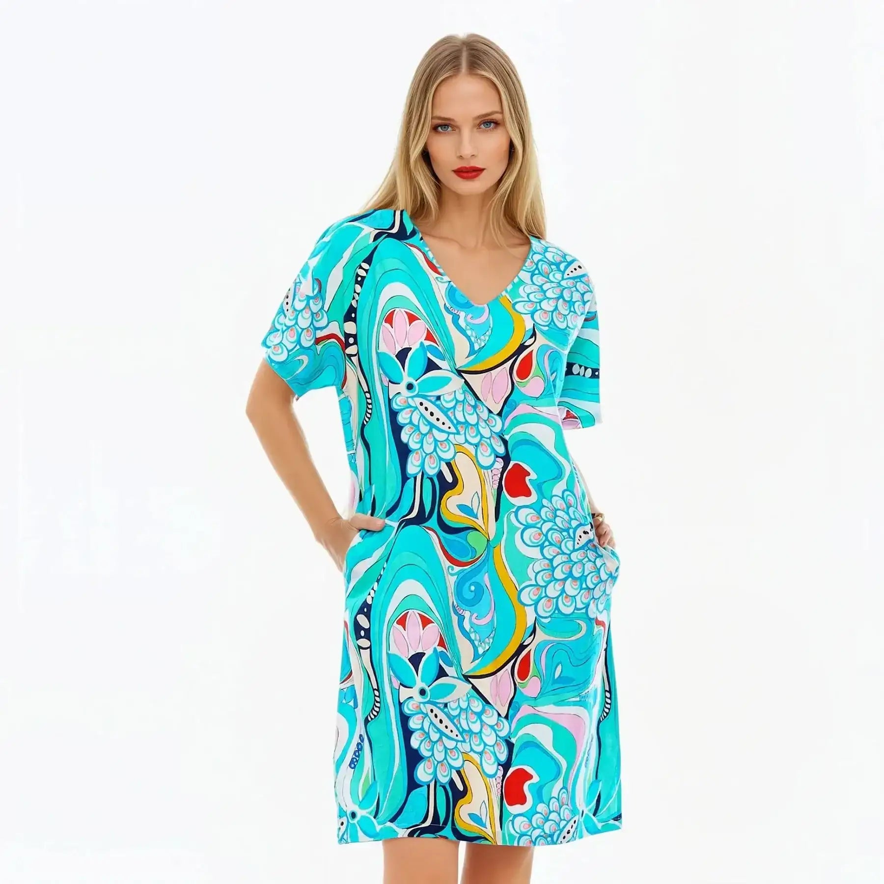 V-Neck Shift Dress | Midi Short Sleeve Summer Dress (Sakura)