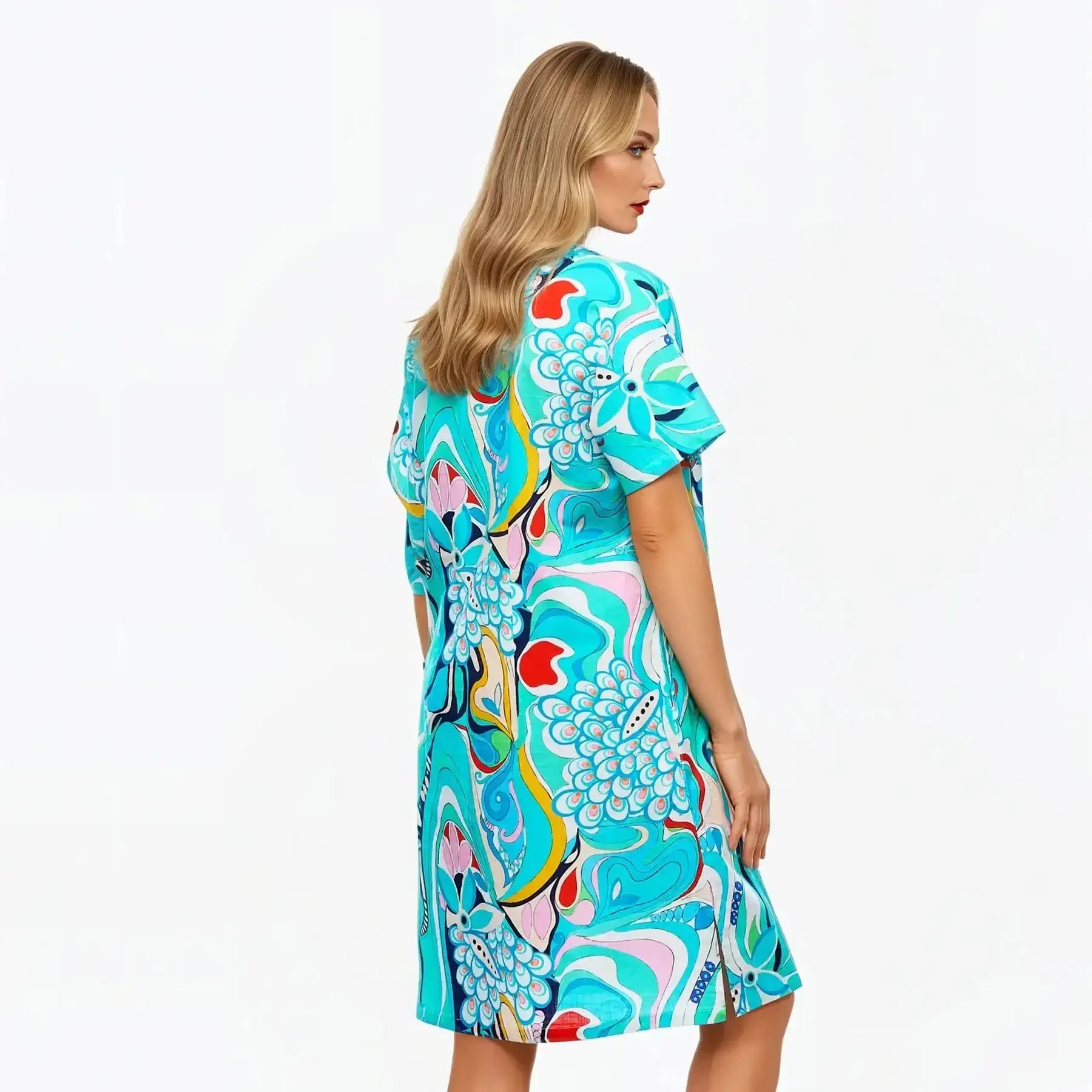 V-Neck Shift Dress | Midi Short Sleeve Summer Dress (Sakura)