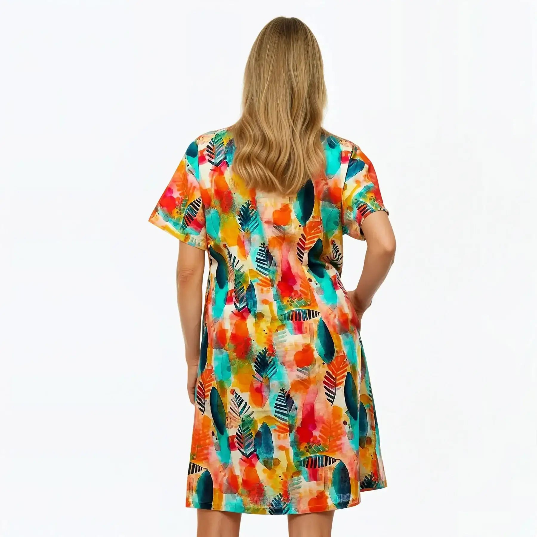 V-Neck Shift Dress | Midi Short Sleeve Summer Dress (Tropicana)