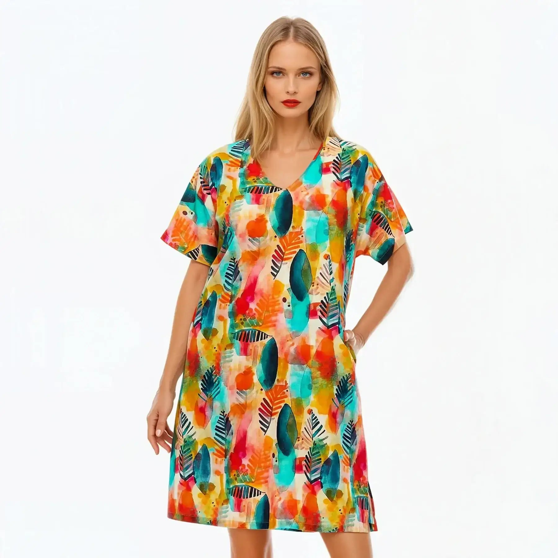 V-Neck Shift Dress | Midi Short Sleeve Summer Dress (Tropicana)