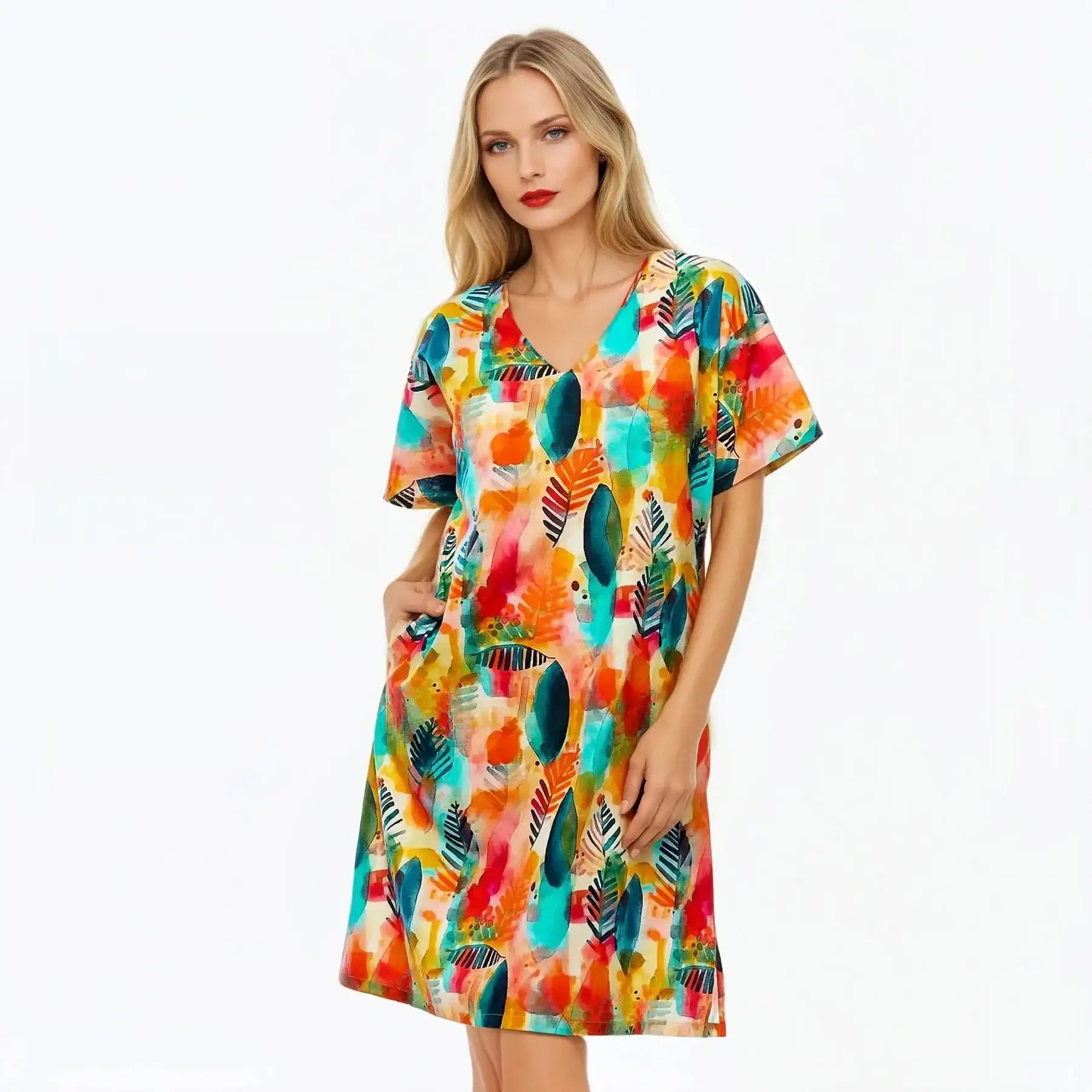 V-Neck Shift Dress | Midi Short Sleeve Summer Dress (Tropicana)