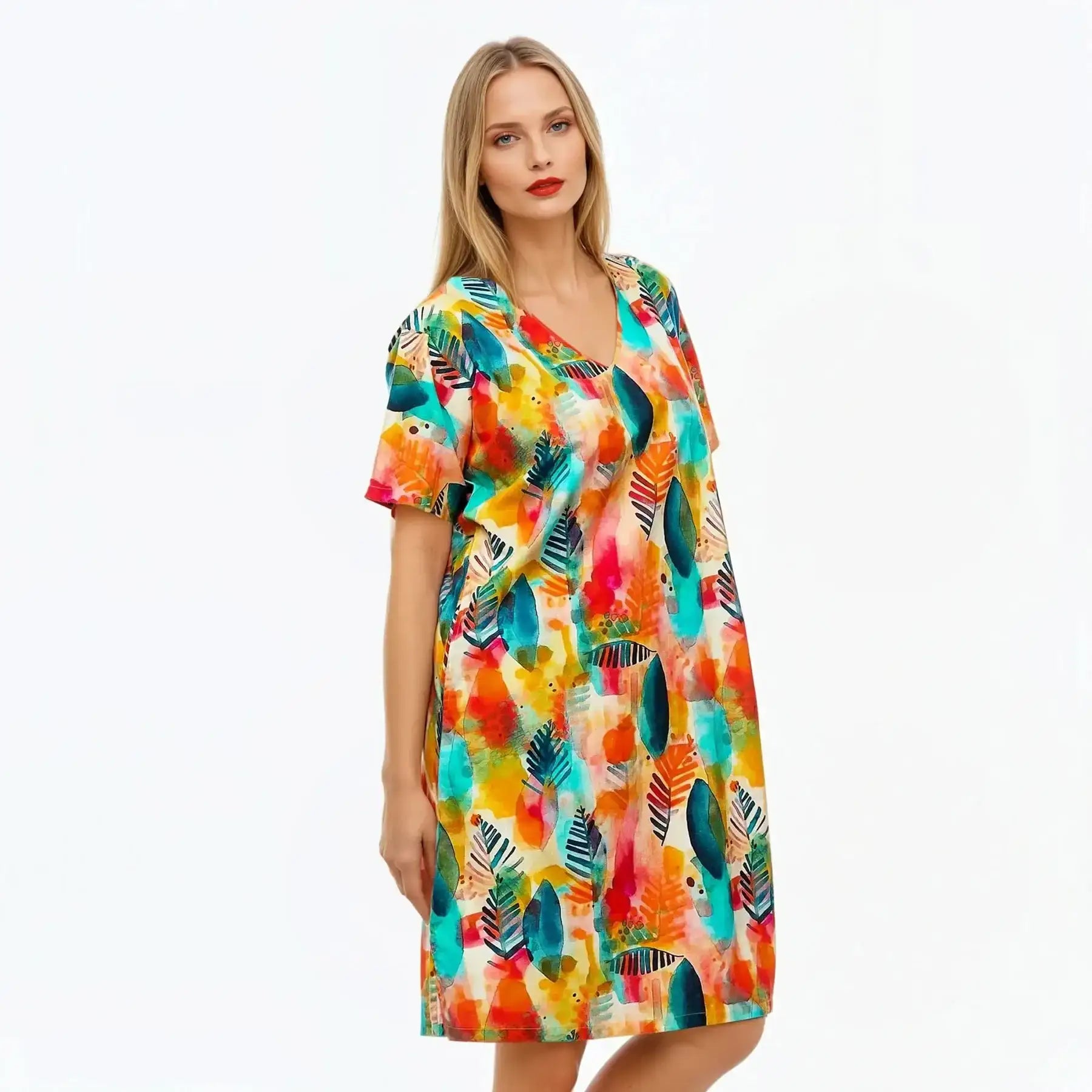 V-Neck Shift Dress | Midi Short Sleeve Summer Dress (Tropicana)