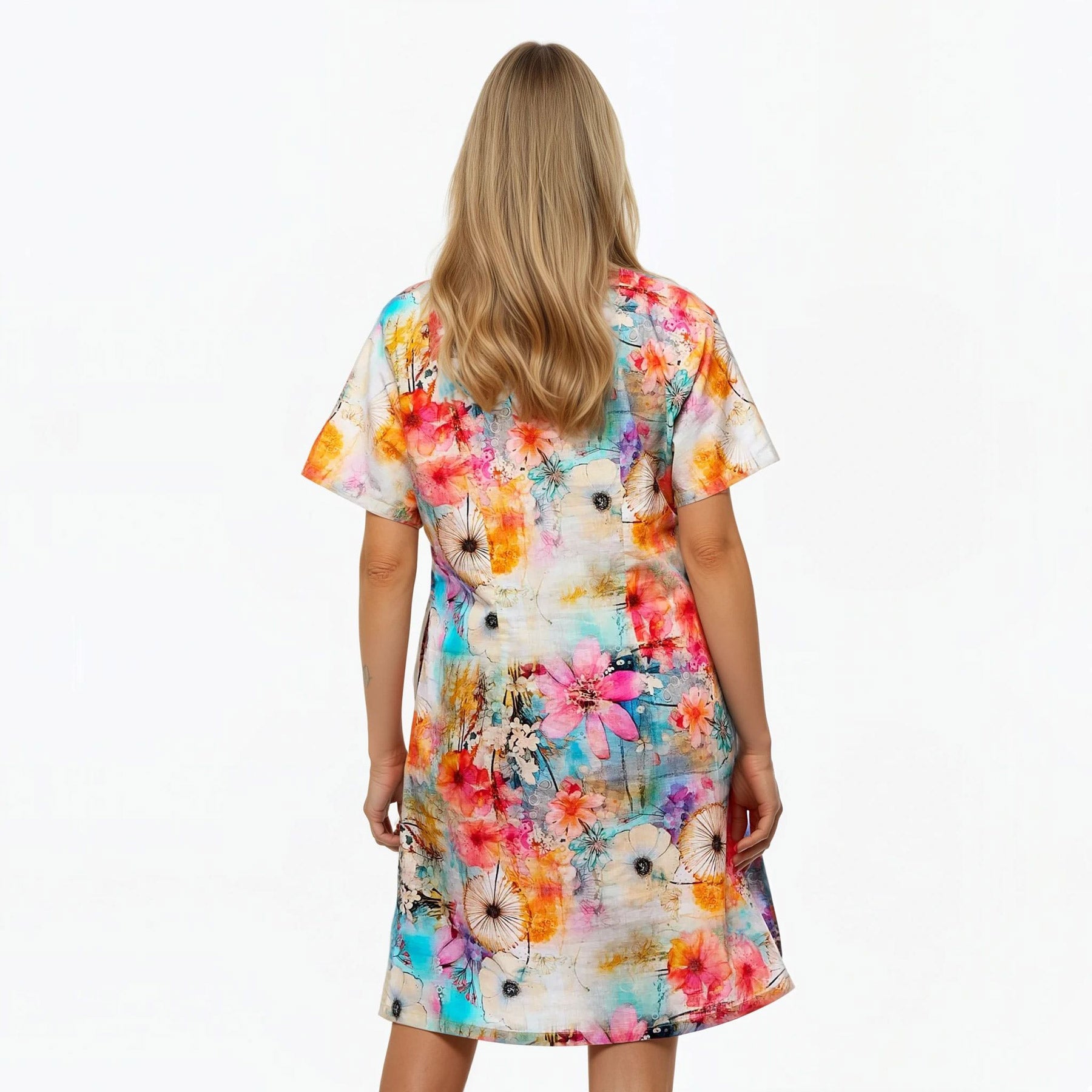 V-Neck Shift Dress | Midi Short Sleeve Summer Dress (Zen)