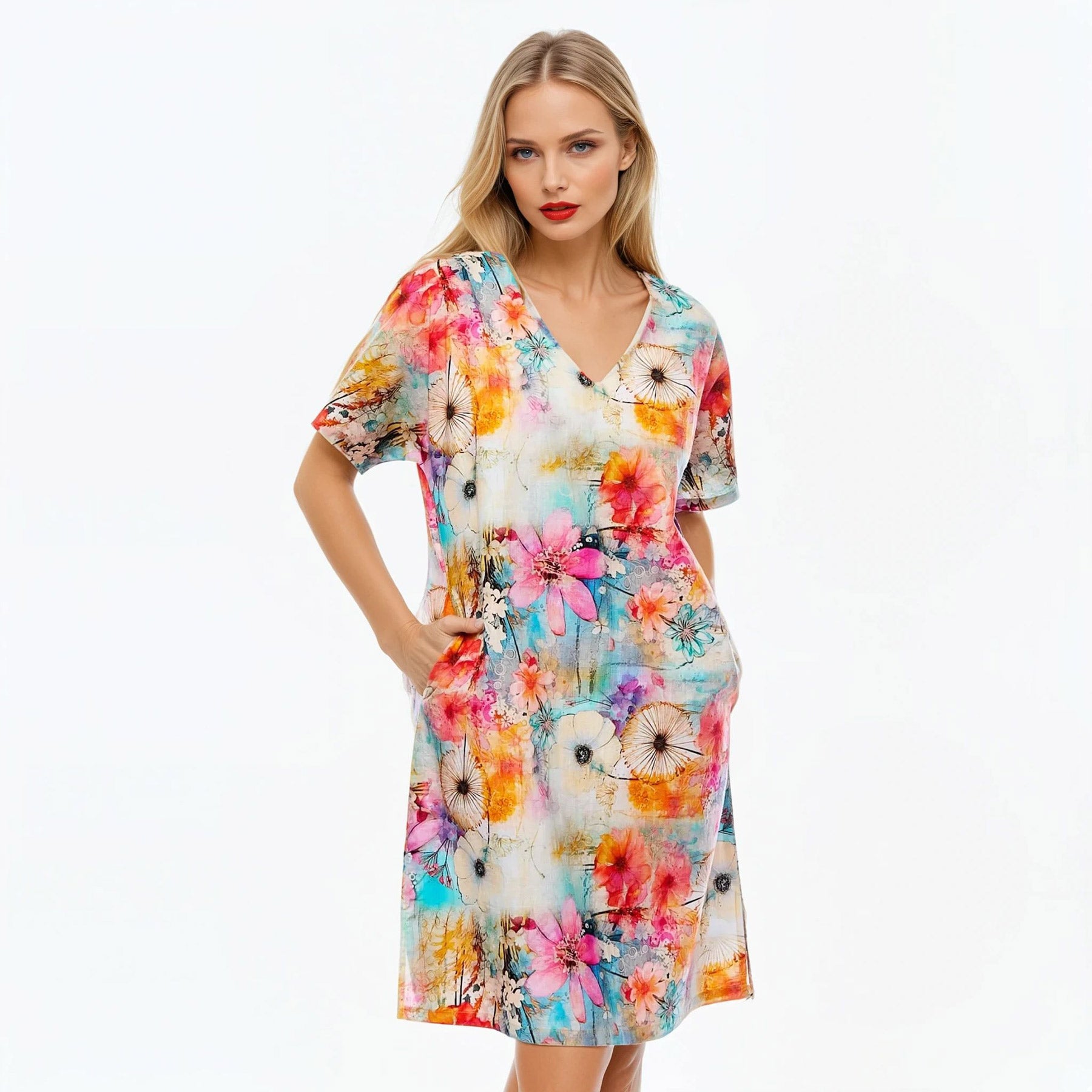 V-Neck Shift Dress | Midi Short Sleeve Summer Dress (Zen)