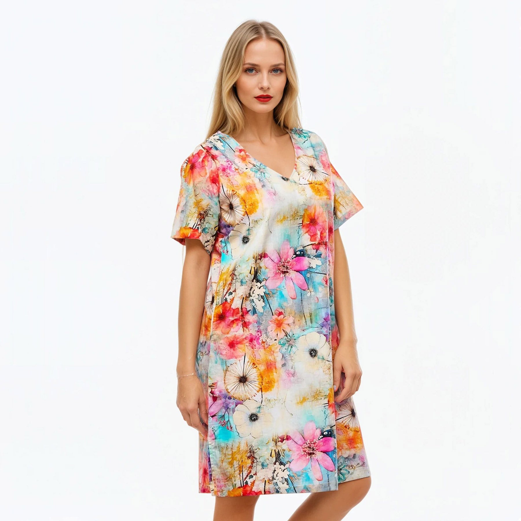 V-Neck Shift Dress | Midi Short Sleeve Summer Dress (Zen)