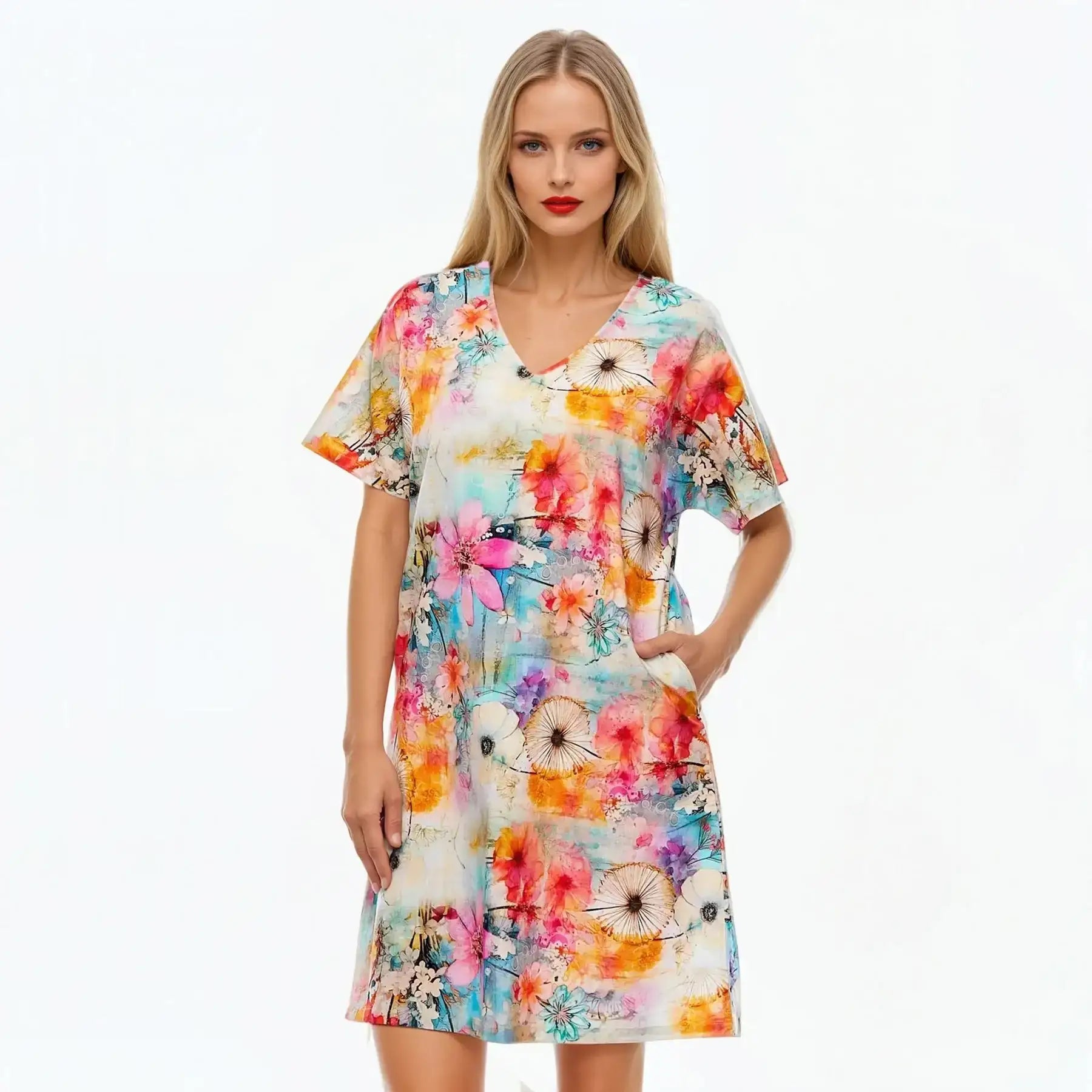 V-Neck Shift Dress | Midi Short Sleeve Summer Dress (Zen)