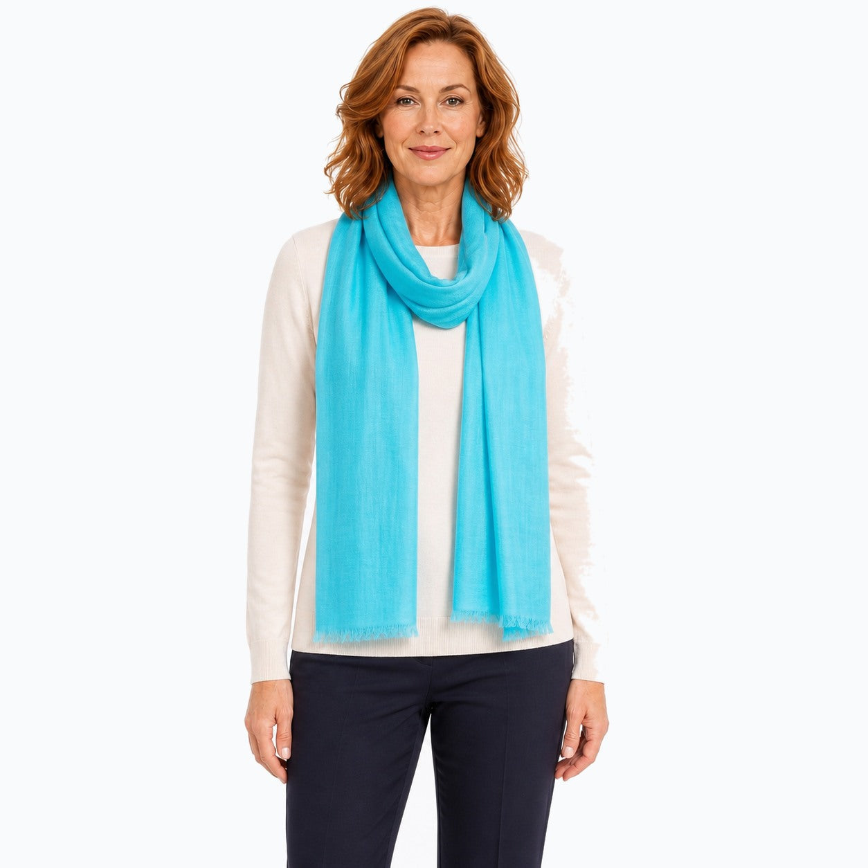 Woman wearing the Claire Powell Aqua Silk Wool Scarf, front view