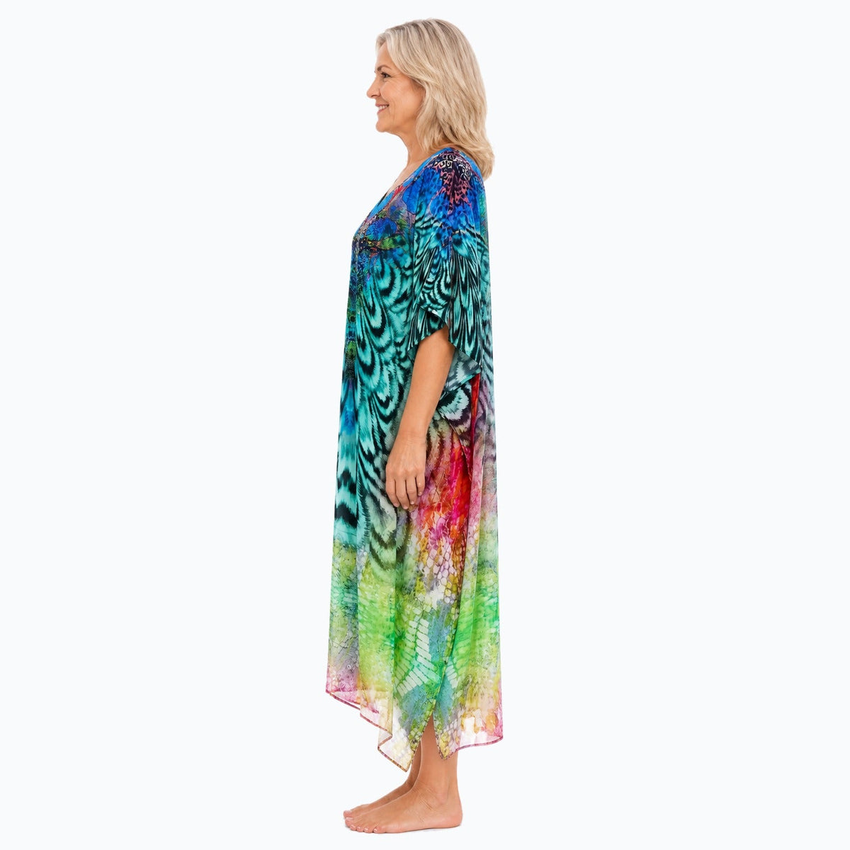 Claire Powell Aves midi kaftan dress on a mature woman, side view