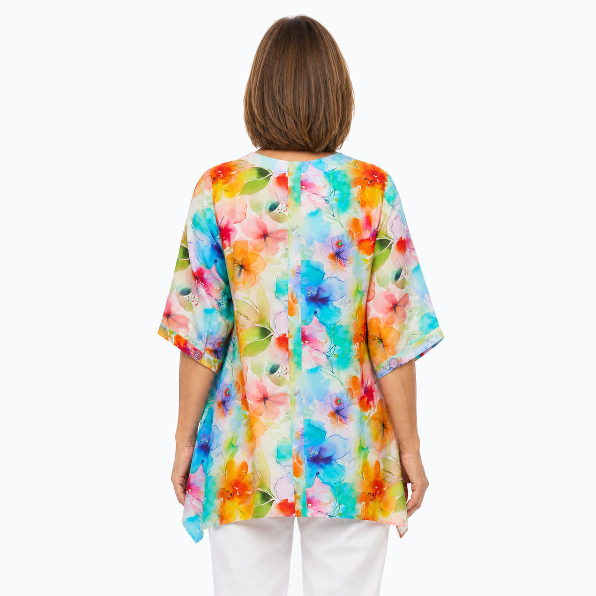 Woman wearing the Claire Powell Blushing A-Line Tunic Shirt, back view