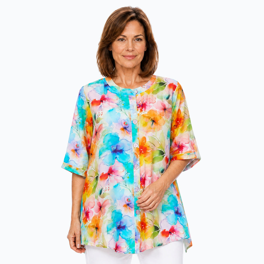 Woman wearing the Claire Powell Blushing A-Line Tunic Shirt, front view