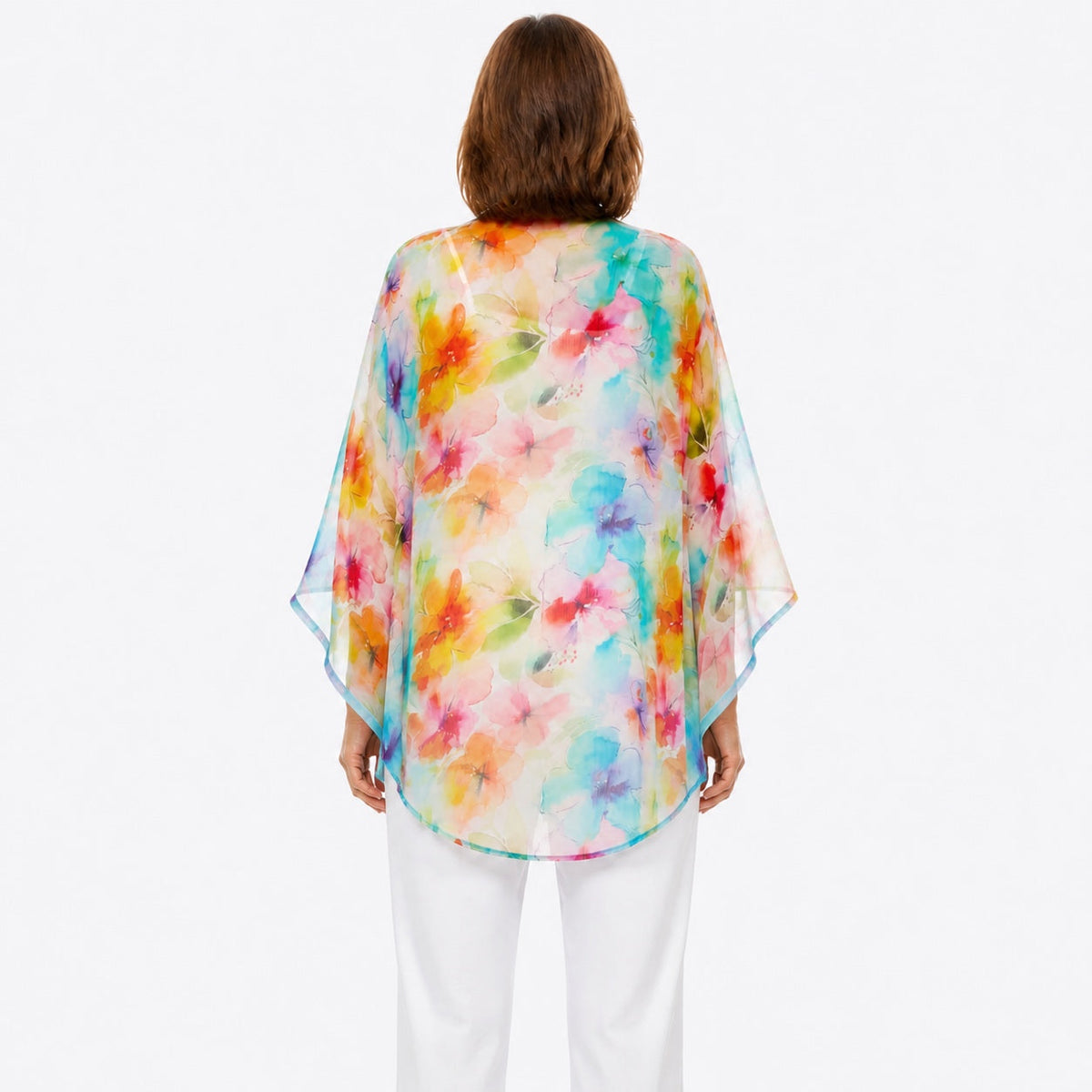 Woman wearing the Claire Powell Blushing Cotton Chiffon Kimono Cover-Up, back view
