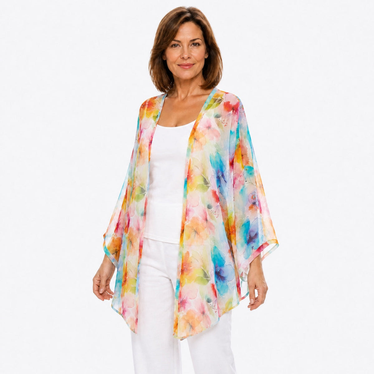 Woman wearing the Claire Powell Blushing Cotton Chiffon Kimono Cover-Up, three-quarter view