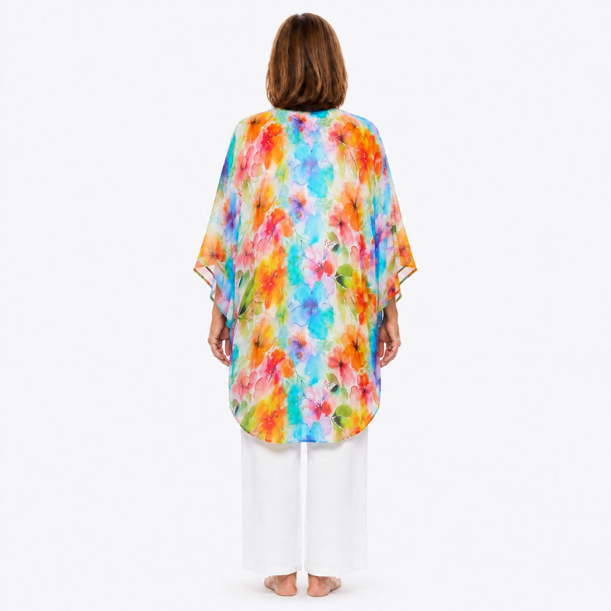 Woman wearing the Claire Powell Blushing Modal Kimono Cover-Up, back view