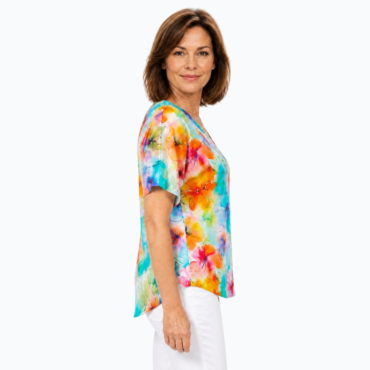 Woman wearing the Claire Powell Blushing V-Neck T-Shirt, side view