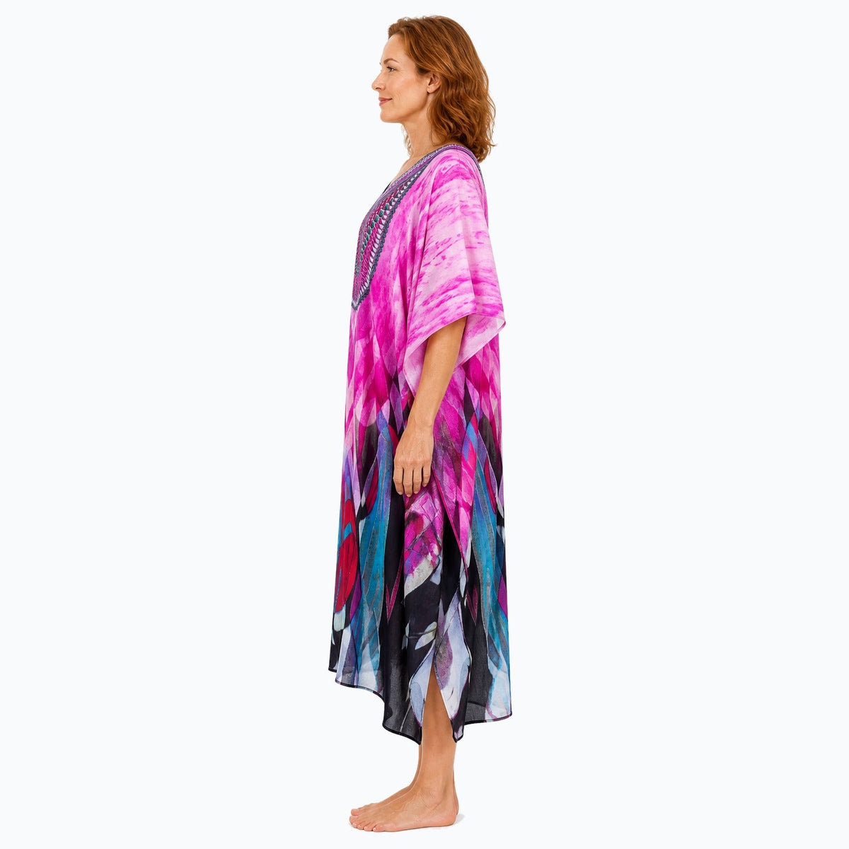 Claire Powell Brazen midi kaftan dress on a mature woman, side view