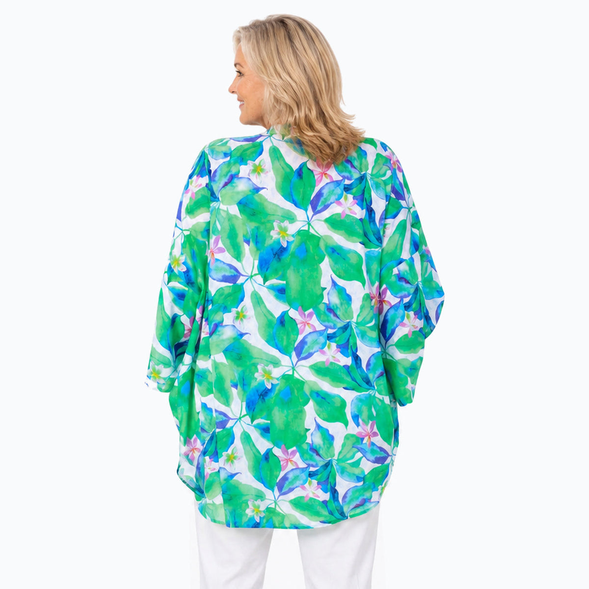 Claire Powell Broome Modal Kimono Cover-Up with white capri pants, back view