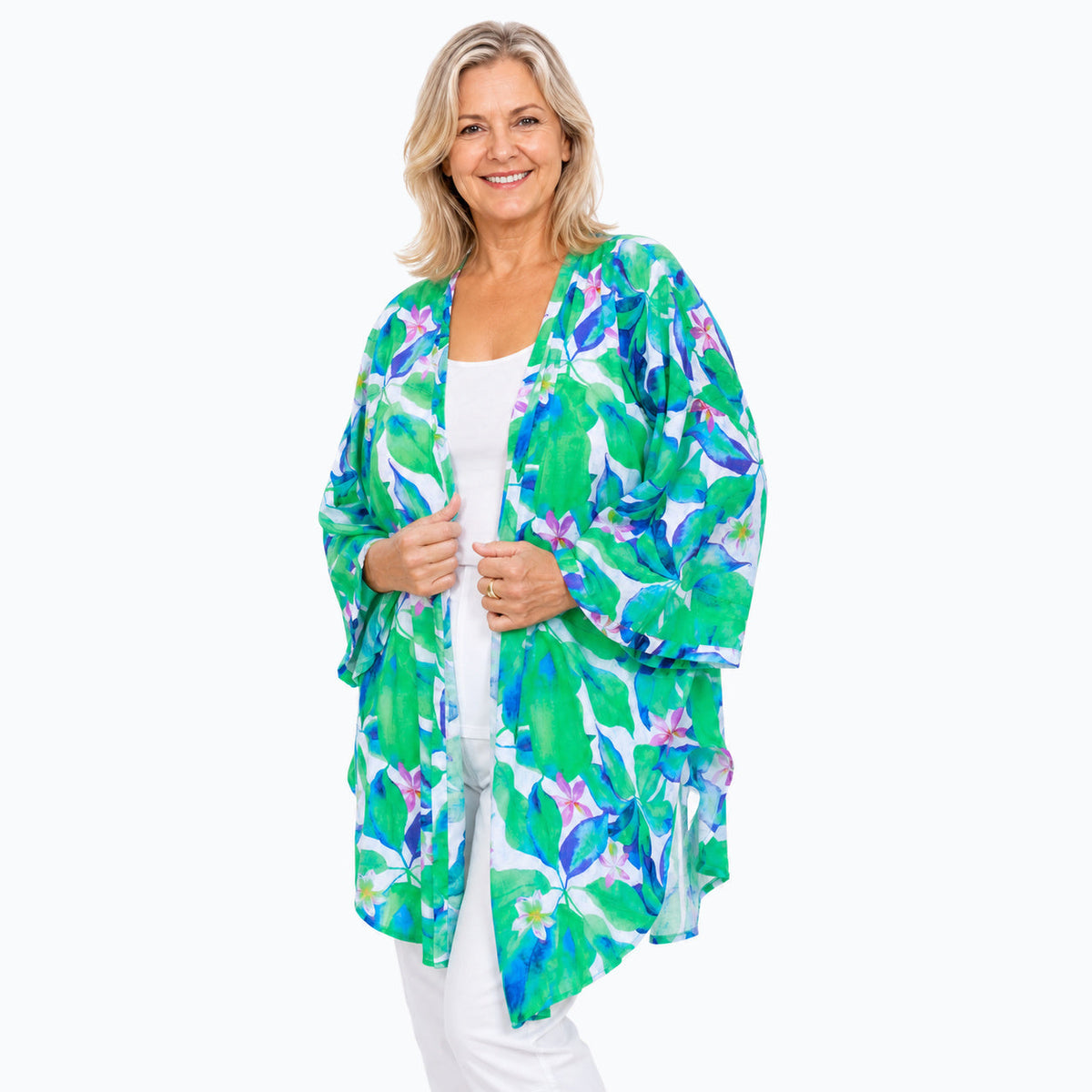 Claire Powell Broome Modal Kimono Cover-Up with white capri pants, three-quarter view