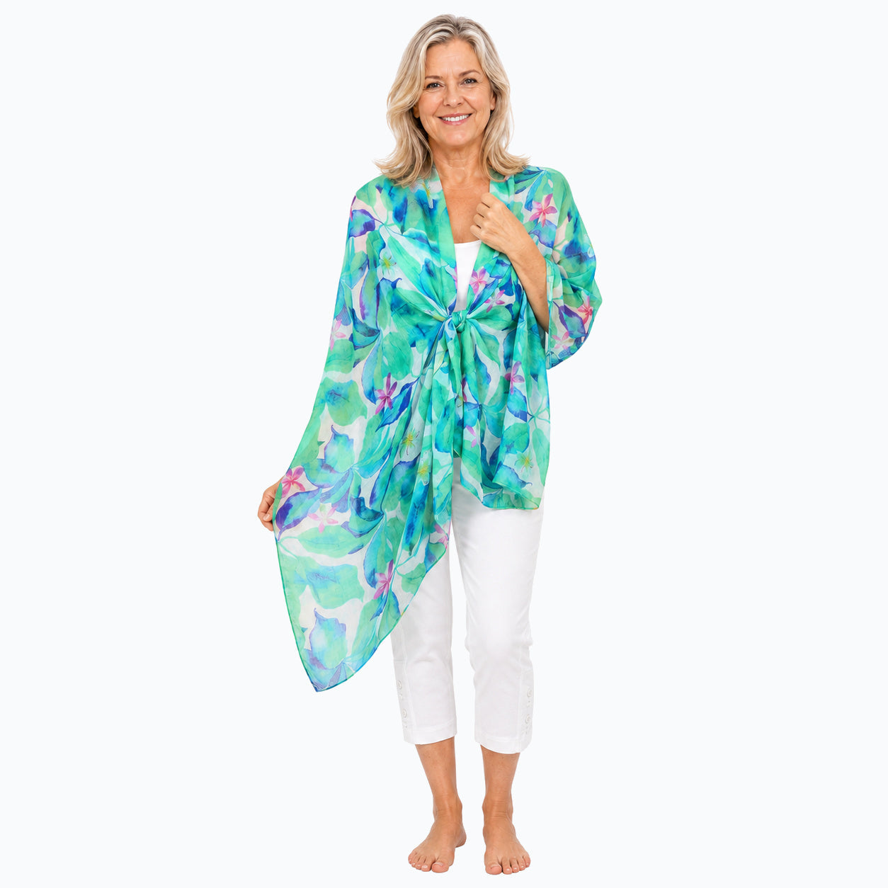 Claire Powell Broome scarf tied shoulder wrap, full-body view with white capri pants and bare feet