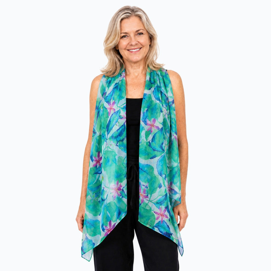 Woman wearing the Claire Powell Broome Silk Scarf, front view
