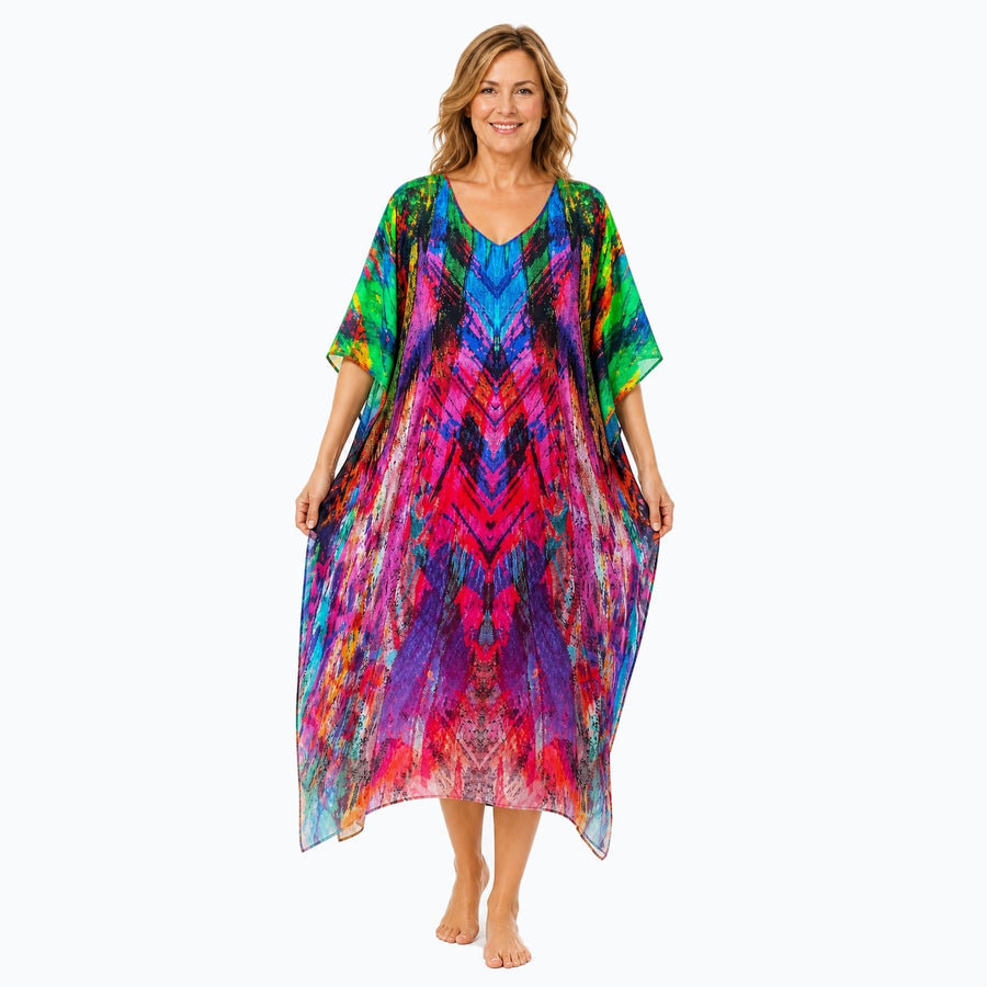 Claire Powell Carnival midi kaftan dress on a mature woman, front view