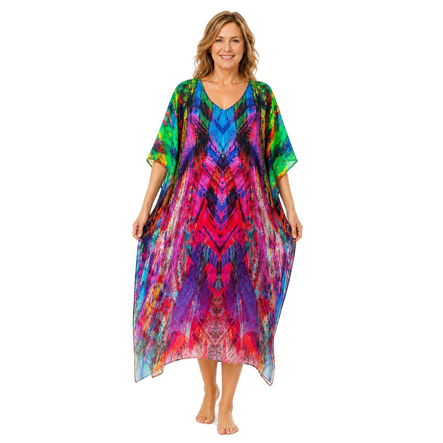 Claire Powell Carnival midi kaftan dress on a mature woman, front view
