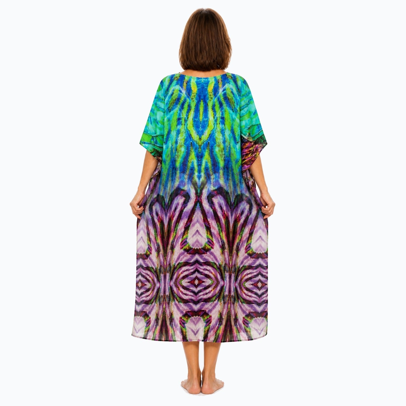 Claire Powell Cascade midi kaftan dress on a mature woman, back view