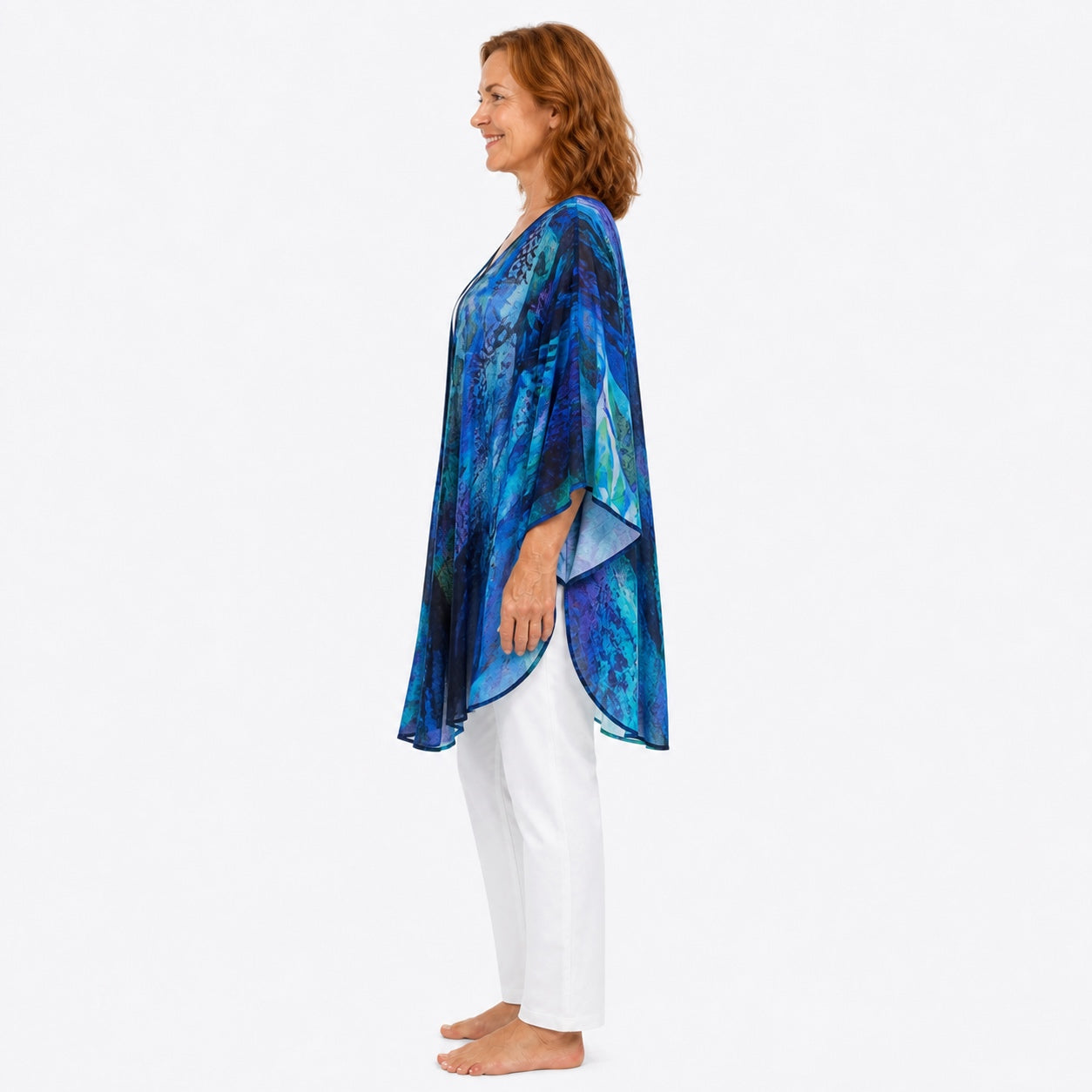 Woman wearing the Claire Powell Dream Modal Kimono Cover-Up, side view