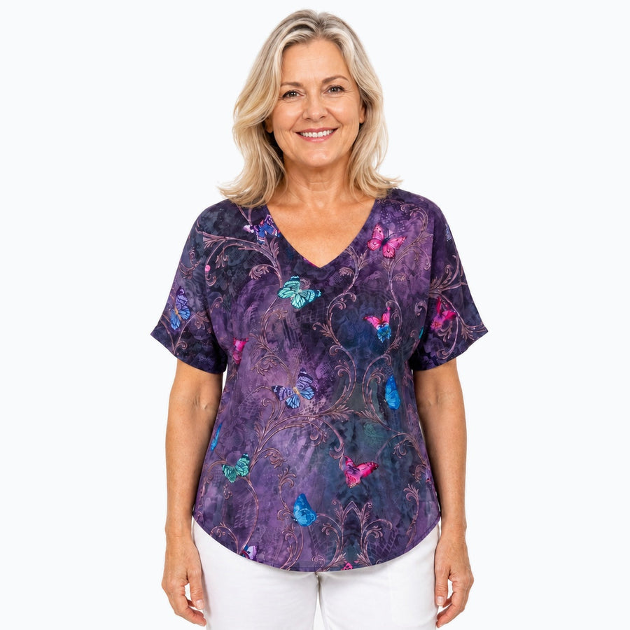 Woman wearing the Claire Powell Enchanted V-Neck T-Shirt, front view