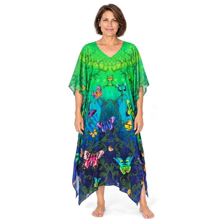 Claire Powell Flutter midi kaftan dress on a mature woman, front view