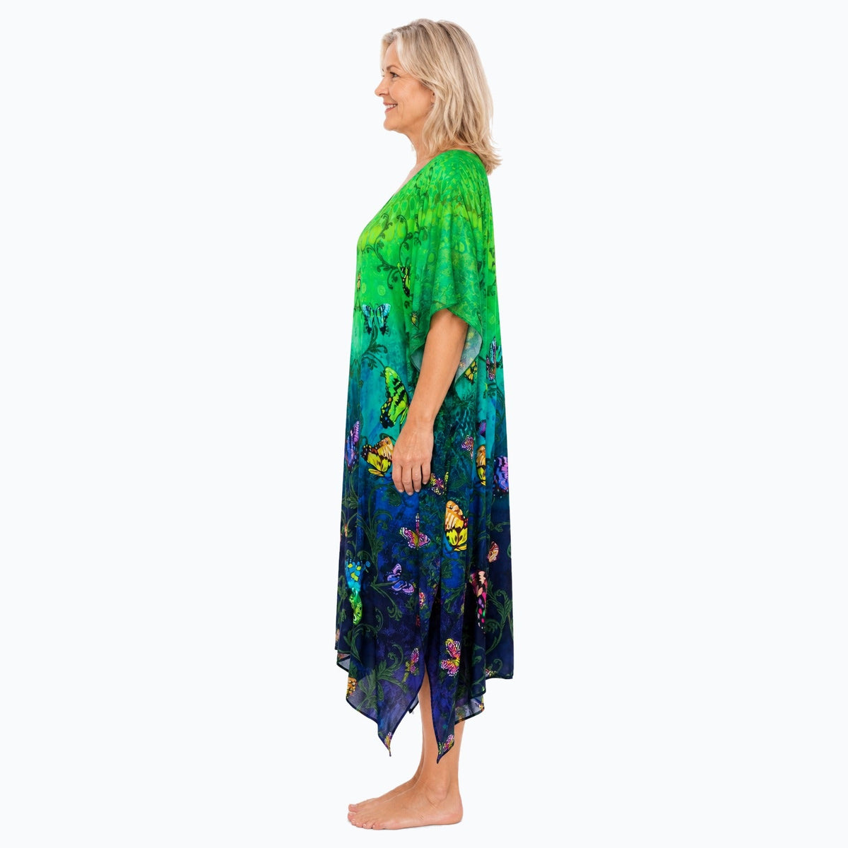 Claire Powell Flutter midi kaftan dress on a mature woman, side view