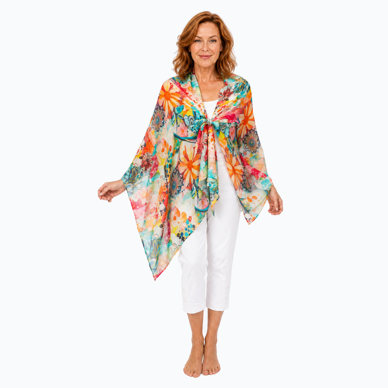 Full-length view of the Claire Powell Geisha scarf with white capri pants and bare feet