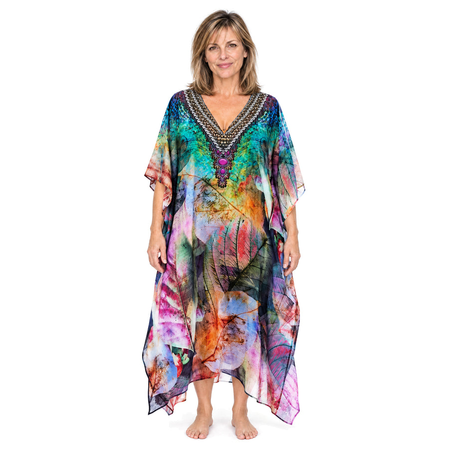 Claire Powell Heaven midi kaftan dress on a mature woman, front view