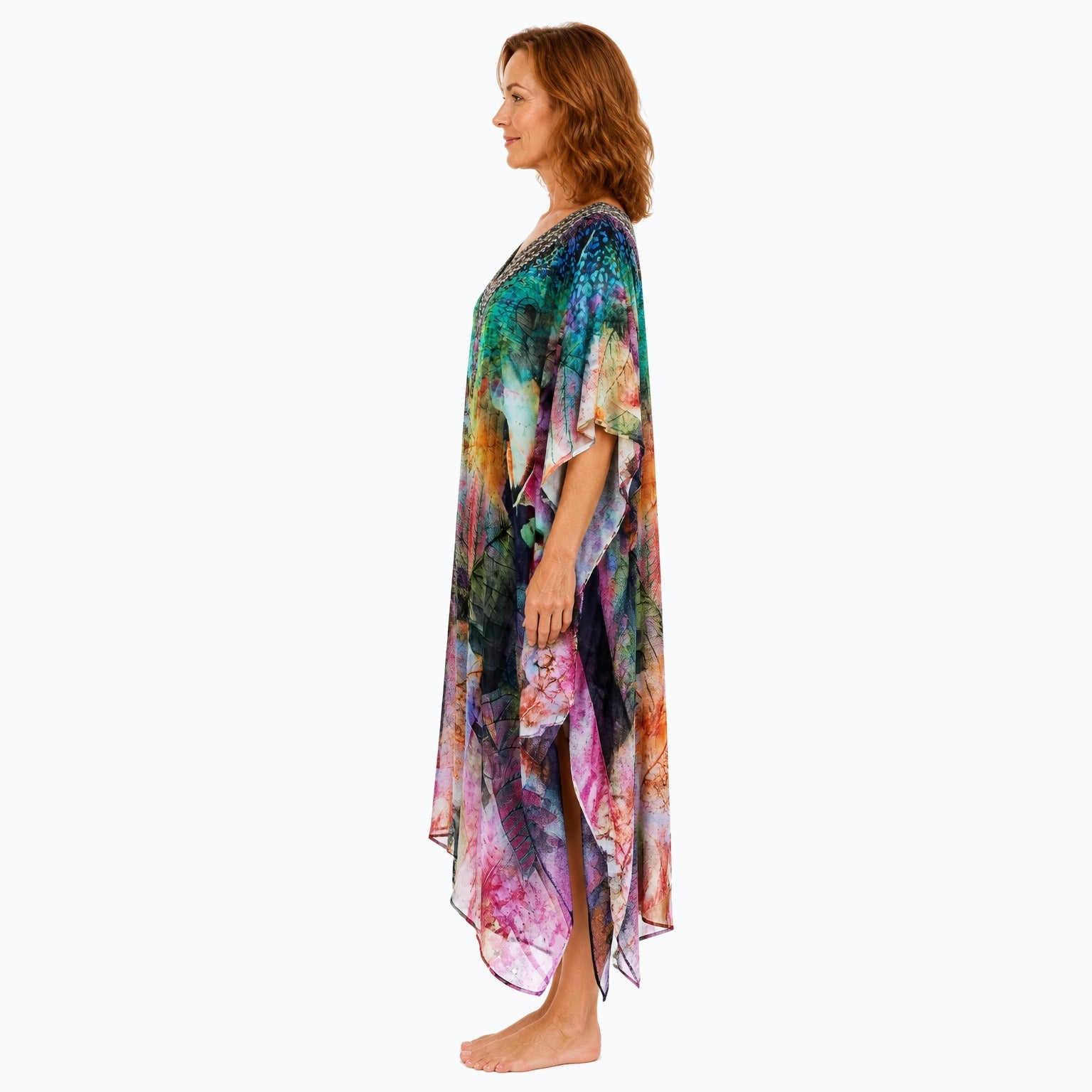 Claire Powell Heaven midi kaftan dress on a mature woman, side view